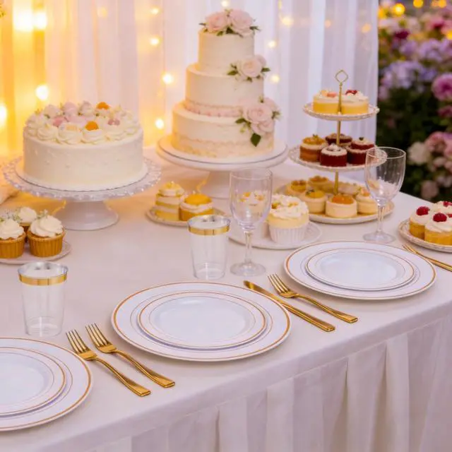 Alt view image 4 of 7 - 120PCS Gold Plastic Plates, Heavy Duty White and Gold Disposable Party Plates, 60 Dinner Plates and 60 Dessert Plates, Plastic Plates for Party Wedding Baby Shower Birthday