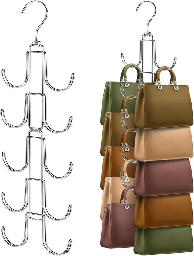 Main image of 2 Pack Purse Organizer for Closet, Upgraded Purse Hangers with 20 Big Hooks, 360 Degree Rotation for Better Organizer and Display, Collapsible Space Saving Hangers Rack for Handbag, Tie, Silver