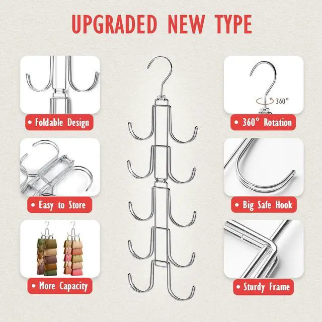 Alt view image 2 of 7 - 2 Pack Purse Organizer for Closet, Upgraded Purse Hangers with 20 Big Hooks, 360 Degree Rotation for Better Organizer and Display, Collapsible Space Saving Hangers Rack for Handbag, Tie, Silver