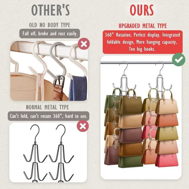 Alt view image 3 of 7 - 2 Pack Purse Organizer for Closet, Upgraded Purse Hangers with 20 Big Hooks, 360 Degree Rotation for Better Organizer and Display, Collapsible Space Saving Hangers Rack for Handbag, Tie, Silver