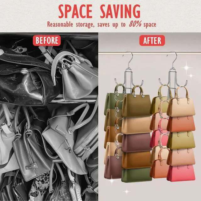 Alt view image 4 of 7 - 2 Pack Purse Organizer for Closet, Upgraded Purse Hangers with 20 Big Hooks, 360 Degree Rotation for Better Organizer and Display, Collapsible Space Saving Hangers Rack for Handbag, Tie, Silver