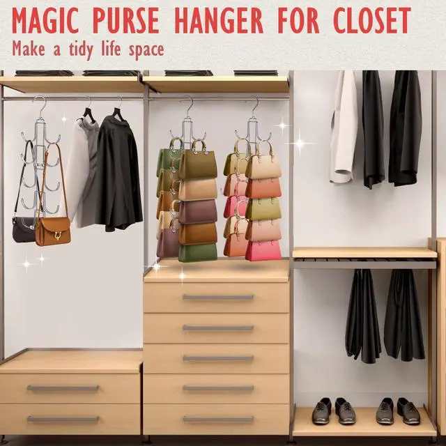 Alt view image 7 of 7 - 2 Pack Purse Organizer for Closet, Upgraded Purse Hangers with 20 Big Hooks, 360 Degree Rotation for Better Organizer and Display, Collapsible Space Saving Hangers Rack for Handbag, Tie, Silver