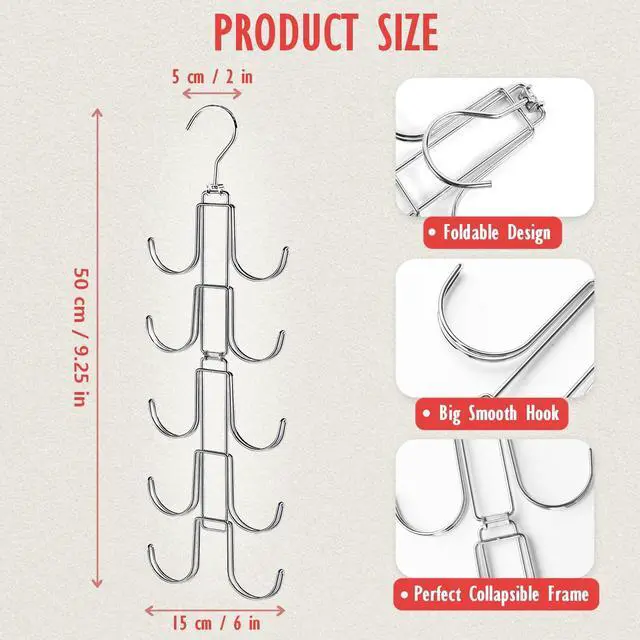 Alt view image 5 of 7 - 2 Pack Purse Organizer for Closet, Upgraded Purse Hangers with 20 Big Hooks, 360 Degree Rotation for Better Organizer and Display, Collapsible Space Saving Hangers Rack for Handbag, Tie, Silver