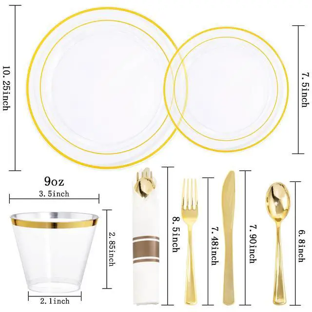 Alt view image 2 of 7 - 210PCS Clear-Gold Plastic Plates - Dinnerware Sets for 30 Guests - 60 Disposable Plates, 90 Plastic Silverware, 30 Cups, 30 Napkins for Party