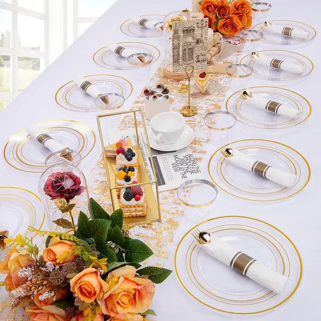 Alt view image 5 of 7 - 210PCS Clear-Gold Plastic Plates - Dinnerware Sets for 30 Guests - 60 Disposable Plates, 90 Plastic Silverware, 30 Cups, 30 Napkins for Party