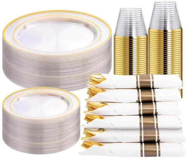 Main image of 210PCS Clear-Gold Plastic Plates - Dinnerware Sets for 30 Guests - 60 Disposable Plates, 90 Plastic Silverware, 30 Cups, 30 Napkins for Party