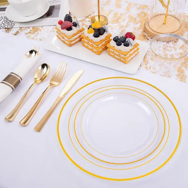 Alt view image 4 of 7 - 210PCS Clear-Gold Plastic Plates - Dinnerware Sets for 30 Guests - 60 Disposable Plates, 90 Plastic Silverware, 30 Cups, 30 Napkins for Party