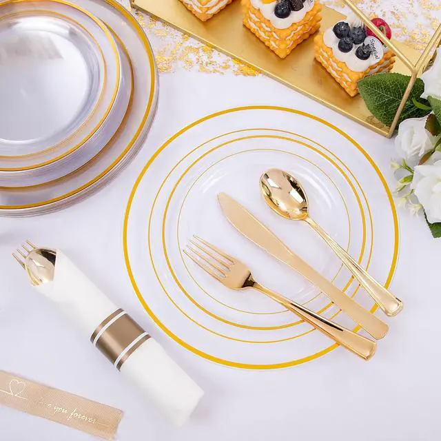 Alt view image 6 of 7 - 210PCS Clear-Gold Plastic Plates - Dinnerware Sets for 30 Guests - 60 Disposable Plates, 90 Plastic Silverware, 30 Cups, 30 Napkins for Party