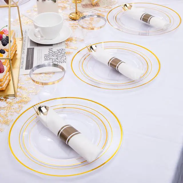Alt view image 7 of 7 - 210PCS Clear-Gold Plastic Plates - Dinnerware Sets for 30 Guests - 60 Disposable Plates, 90 Plastic Silverware, 30 Cups, 30 Napkins for Party