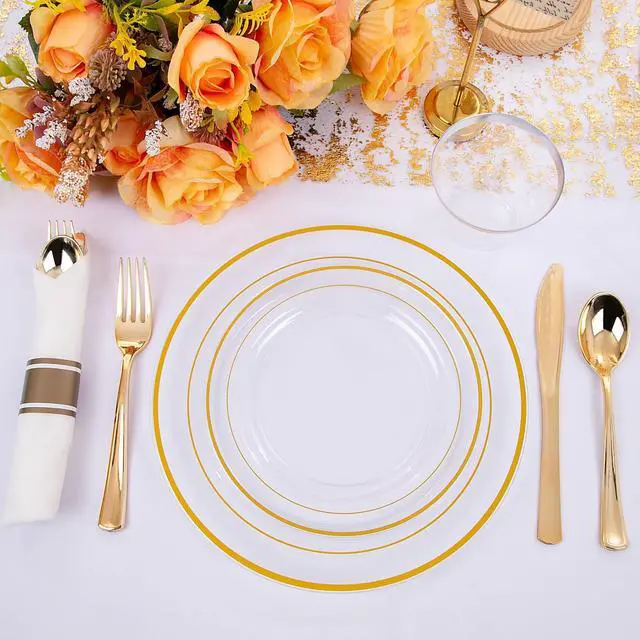 Alt view image 3 of 7 - 210PCS Clear-Gold Plastic Plates - Dinnerware Sets for 30 Guests - 60 Disposable Plates, 90 Plastic Silverware, 30 Cups, 30 Napkins for Party