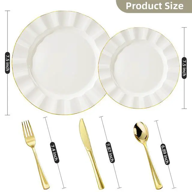 Alt view image 2 of 7 - 250PCS Ivory Plastic Plates Sets with Gold Rim, Gold Dinnerware Set for 50 Guests,100 Disposable Dinner and Dessert Plates, 150 Silverwares for Party and Wedding