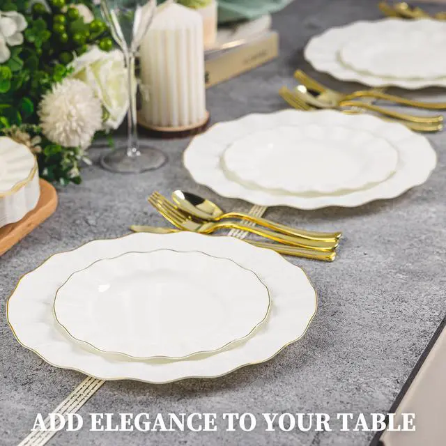 Alt view image 5 of 7 - 250PCS Ivory Plastic Plates Sets with Gold Rim, Gold Dinnerware Set for 50 Guests,100 Disposable Dinner and Dessert Plates, 150 Silverwares for Party and Wedding