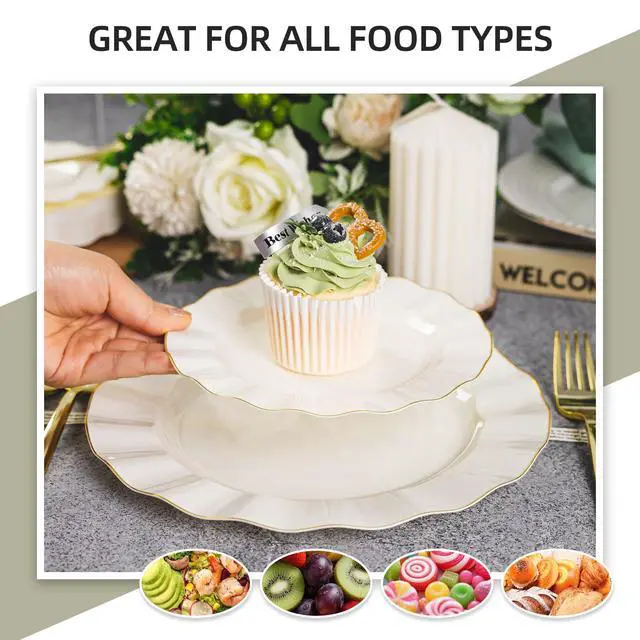 Alt view image 6 of 7 - 250PCS Ivory Plastic Plates Sets with Gold Rim, Gold Dinnerware Set for 50 Guests,100 Disposable Dinner and Dessert Plates, 150 Silverwares for Party and Wedding