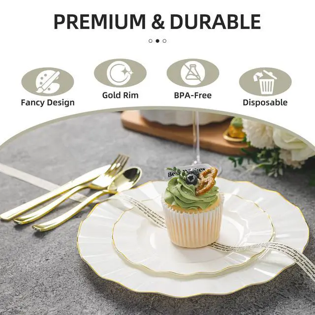 Alt view image 3 of 7 - 250PCS Ivory Plastic Plates Sets with Gold Rim, Gold Dinnerware Set for 50 Guests,100 Disposable Dinner and Dessert Plates, 150 Silverwares for Party and Wedding