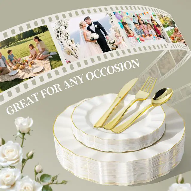 Alt view image 7 of 7 - 250PCS Ivory Plastic Plates Sets with Gold Rim, Gold Dinnerware Set for 50 Guests,100 Disposable Dinner and Dessert Plates, 150 Silverwares for Party and Wedding