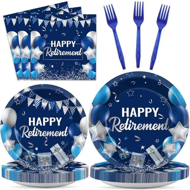 Main image of 96 Pcs Retirement Plates and Napkins Party Supplies Paper Happy Retirement Party Tableware Set Blue Silver Decorations Favors for Men Women for 24 Guests
