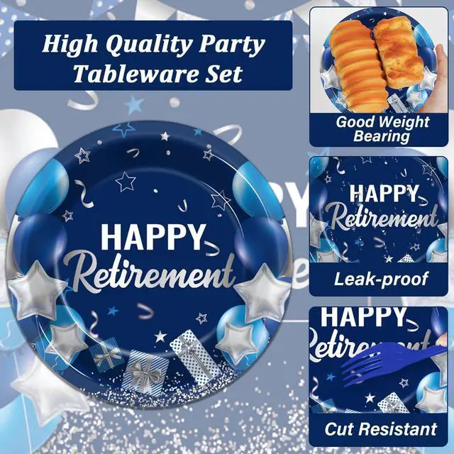 Alt view image 3 of 7 - 96 Pcs Retirement Plates and Napkins Party Supplies Paper Happy Retirement Party Tableware Set Blue Silver Decorations Favors for Men Women for 24 Guests