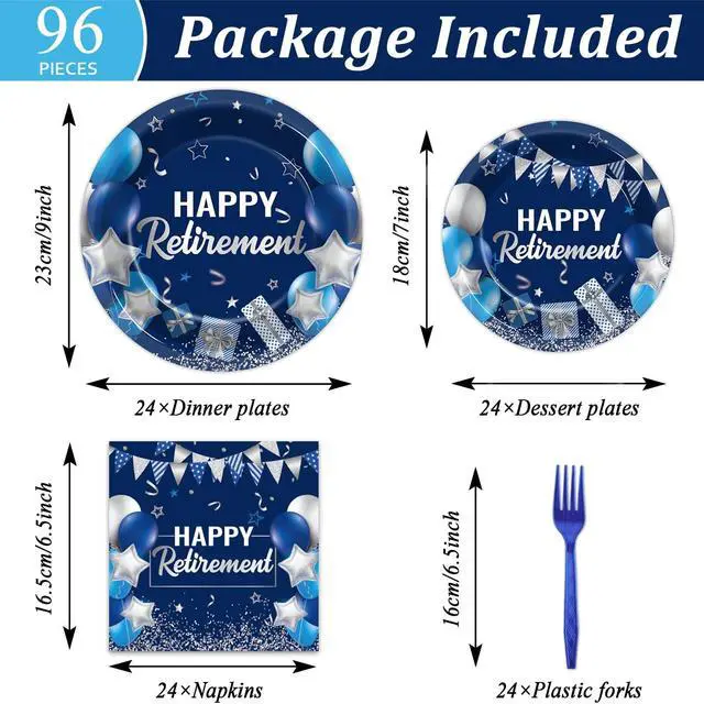 Alt view image 2 of 7 - 96 Pcs Retirement Plates and Napkins Party Supplies Paper Happy Retirement Party Tableware Set Blue Silver Decorations Favors for Men Women for 24 Guests