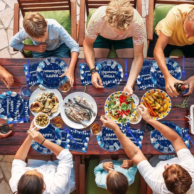 Alt view image 5 of 7 - 96 Pcs Retirement Plates and Napkins Party Supplies Paper Happy Retirement Party Tableware Set Blue Silver Decorations Favors for Men Women for 24 Guests