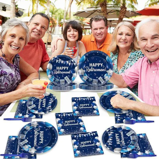 Alt view image 6 of 7 - 96 Pcs Retirement Plates and Napkins Party Supplies Paper Happy Retirement Party Tableware Set Blue Silver Decorations Favors for Men Women for 24 Guests