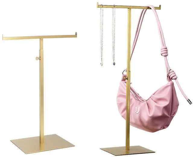 Main image of Purse Display Stand Jewelry Towers 2 Packs Stainless Steel Bag Stand Tabletop Adjustable Height Double Hook Hanging Jewelry Stands for Necklaces Organizer Home Store Boutique (Anti-fingerprint)