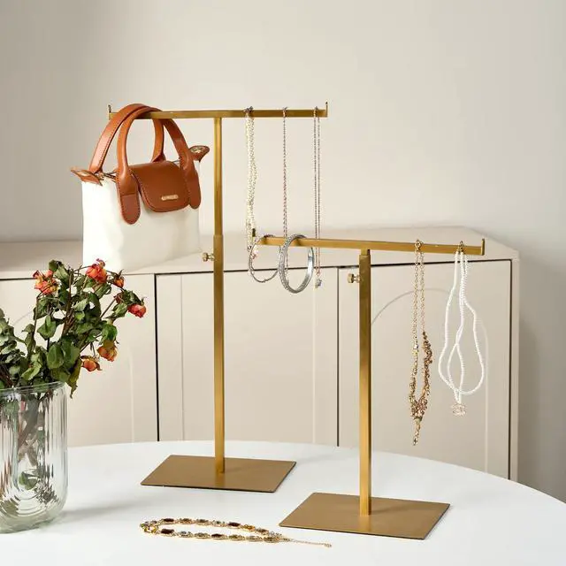 Alt view image 2 of 7 - Purse Display Stand Jewelry Towers 2 Packs Stainless Steel Bag Stand Tabletop Adjustable Height Double Hook Hanging Jewelry Stands for Necklaces Organizer Home Store Boutique (Anti-fingerprint)