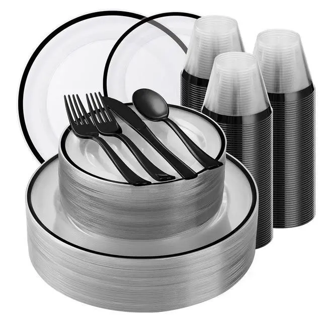 Main image of 350PCS Black and Clear Plastic Dinnerware Sets for 50 Guests, Include 100 Black Disposable Plates, 100 Forks, 50 Knives, 50 Spoons, 50 Cups,Halloween