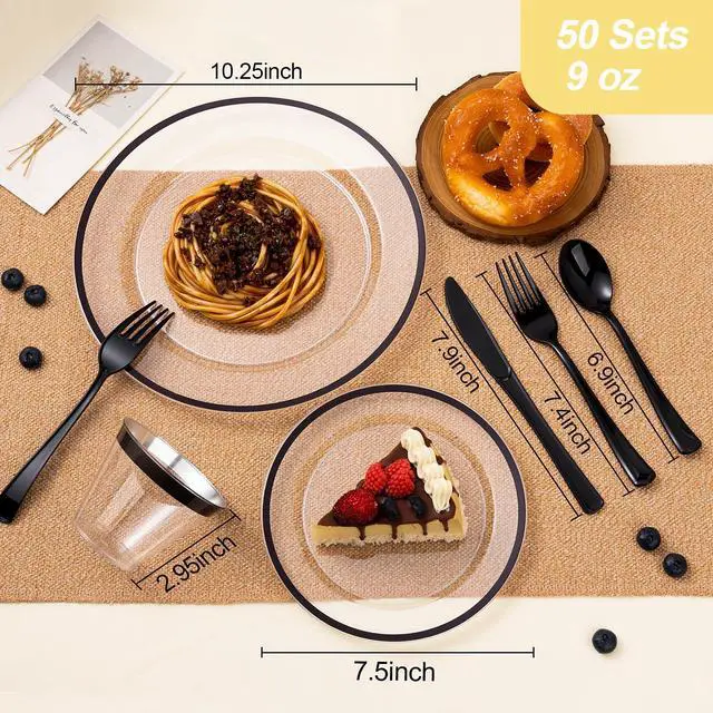 Alt view image 2 of 7 - 350PCS Black and Clear Plastic Dinnerware Sets for 50 Guests, Include 100 Black Disposable Plates, 100 Forks, 50 Knives, 50 Spoons, 50 Cups,Halloween