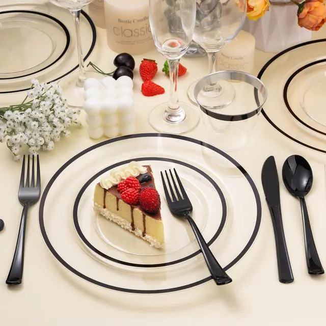 Alt view image 3 of 7 - 350PCS Black and Clear Plastic Dinnerware Sets for 50 Guests, Include 100 Black Disposable Plates, 100 Forks, 50 Knives, 50 Spoons, 50 Cups,Halloween