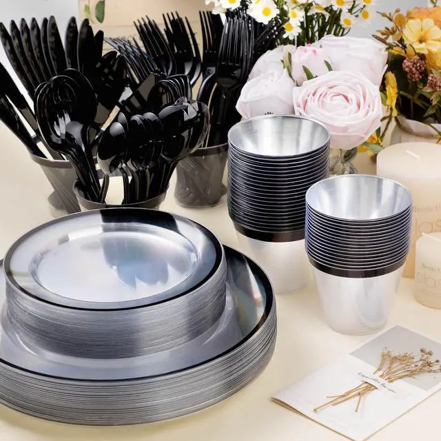 Alt view image 4 of 7 - 350PCS Black and Clear Plastic Dinnerware Sets for 50 Guests, Include 100 Black Disposable Plates, 100 Forks, 50 Knives, 50 Spoons, 50 Cups,Halloween