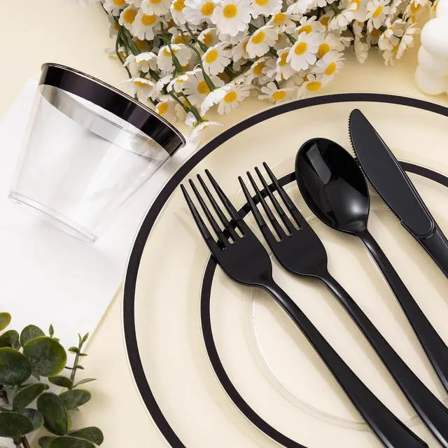 Alt view image 6 of 7 - 350PCS Black and Clear Plastic Dinnerware Sets for 50 Guests, Include 100 Black Disposable Plates, 100 Forks, 50 Knives, 50 Spoons, 50 Cups,Halloween