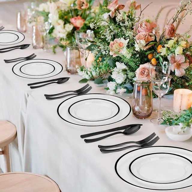 Alt view image 7 of 7 - 350PCS Black and Clear Plastic Dinnerware Sets for 50 Guests, Include 100 Black Disposable Plates, 100 Forks, 50 Knives, 50 Spoons, 50 Cups,Halloween