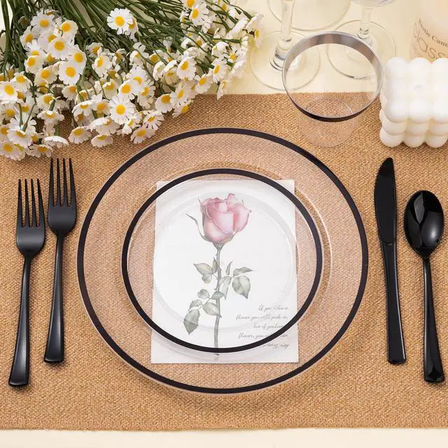 Alt view image 5 of 7 - 350PCS Black and Clear Plastic Dinnerware Sets for 50 Guests, Include 100 Black Disposable Plates, 100 Forks, 50 Knives, 50 Spoons, 50 Cups,Halloween