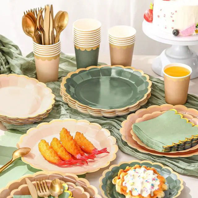Alt view image 2 of 6 - 169 Pcs Sage Green and Brown Plates and Napkins Party Supplies for Guests Woodland Baby Shower Tableware Include Scalloped Plates Paper Napkin Cup Spoon Fork Knife for Wedding, Birthday