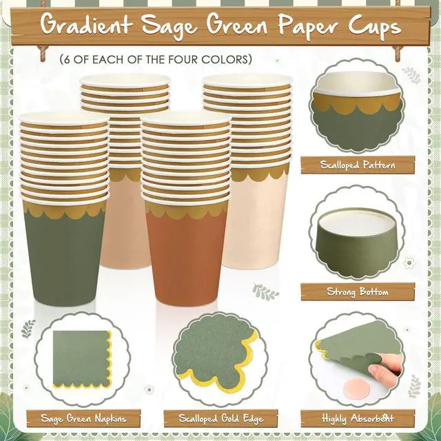 Alt view image 5 of 6 - 169 Pcs Sage Green and Brown Plates and Napkins Party Supplies for Guests Woodland Baby Shower Tableware Include Scalloped Plates Paper Napkin Cup Spoon Fork Knife for Wedding, Birthday