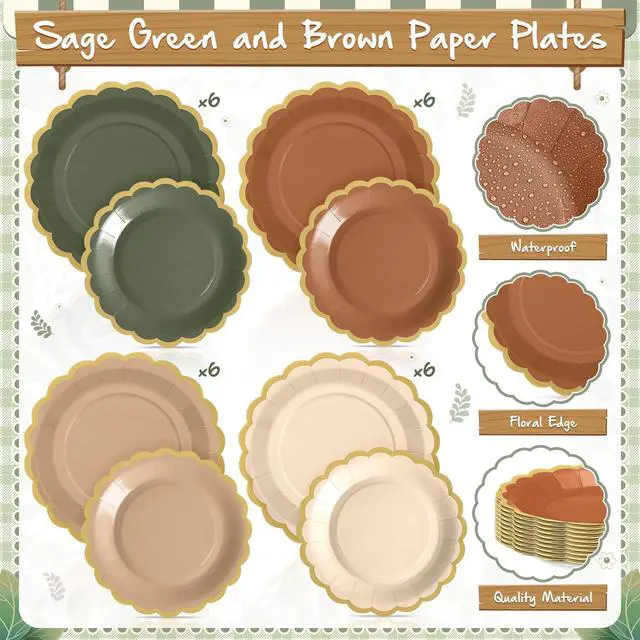Alt view image 4 of 6 - 169 Pcs Sage Green and Brown Plates and Napkins Party Supplies for Guests Woodland Baby Shower Tableware Include Scalloped Plates Paper Napkin Cup Spoon Fork Knife for Wedding, Birthday