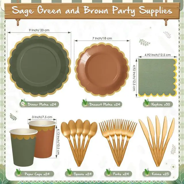Alt view image 3 of 6 - 169 Pcs Sage Green and Brown Plates and Napkins Party Supplies for Guests Woodland Baby Shower Tableware Include Scalloped Plates Paper Napkin Cup Spoon Fork Knife for Wedding, Birthday