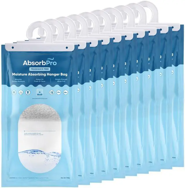 Main image of Moisture Absorbing Hanger Bag Fragrance Free - 10-Pack - 9.8 oz Hanging Dehumidifying Packs for Home, Kitchen, Bedroom, Bathroom, Closet, Rooms, Cars