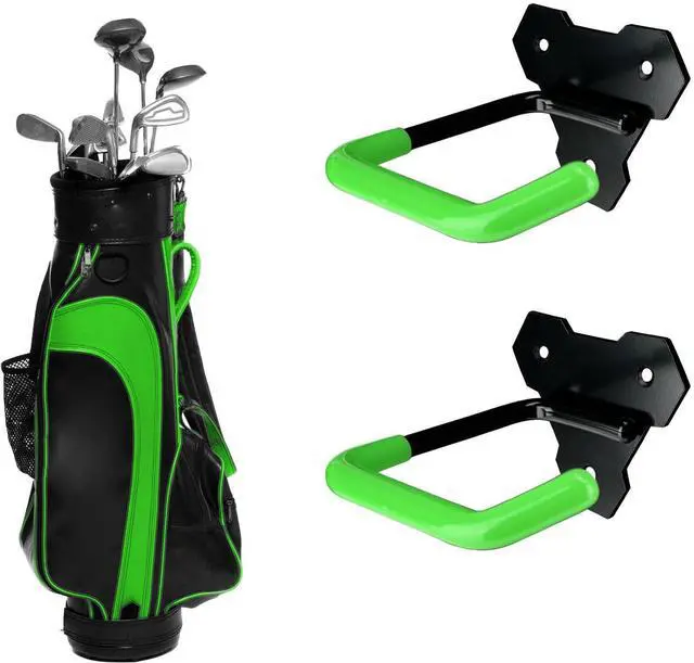Main image of Wall Mounted Golf Bag Hook, 2 Bags Storage Racks Perfect for Garage Organization, Space Saving Hanging Organizer (Black)
