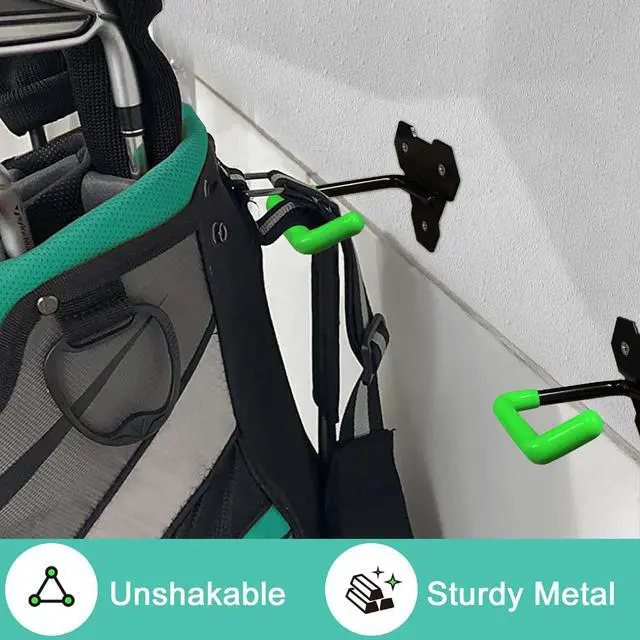 Alt view image 2 of 7 - Wall Mounted Golf Bag Hook, 2 Bags Storage Racks Perfect for Garage Organization, Space Saving Hanging Organizer (Black)
