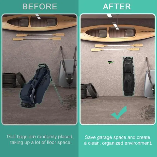 Alt view image 3 of 7 - Wall Mounted Golf Bag Hook, 2 Bags Storage Racks Perfect for Garage Organization, Space Saving Hanging Organizer (Black)