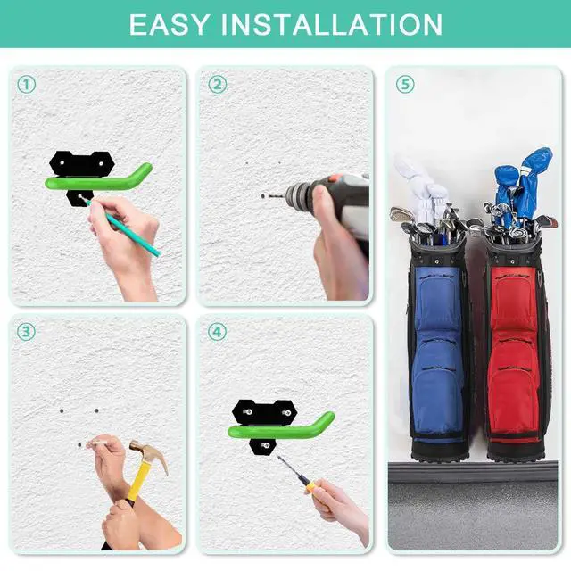Alt view image 4 of 7 - Wall Mounted Golf Bag Hook, 2 Bags Storage Racks Perfect for Garage Organization, Space Saving Hanging Organizer (Black)