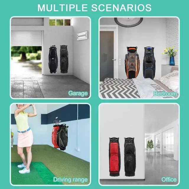 Alt view image 5 of 7 - Wall Mounted Golf Bag Hook, 2 Bags Storage Racks Perfect for Garage Organization, Space Saving Hanging Organizer (Black)
