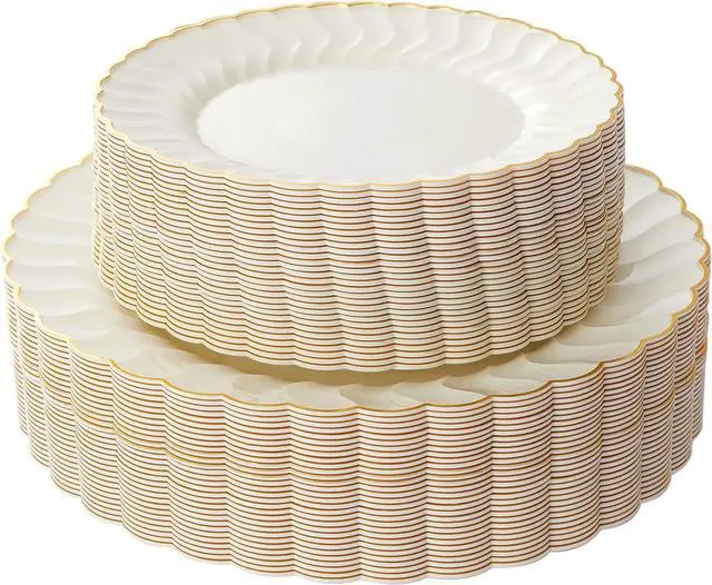 Main image of 60PCS Ivory Scalloped Plastic Plates with Gold Rim, Disposable Elegant Plates Include 30pcs Dinner Plate 10.25", 30pcs Plastic Dessert Plate 7.5", Perfect for Wedding and Party