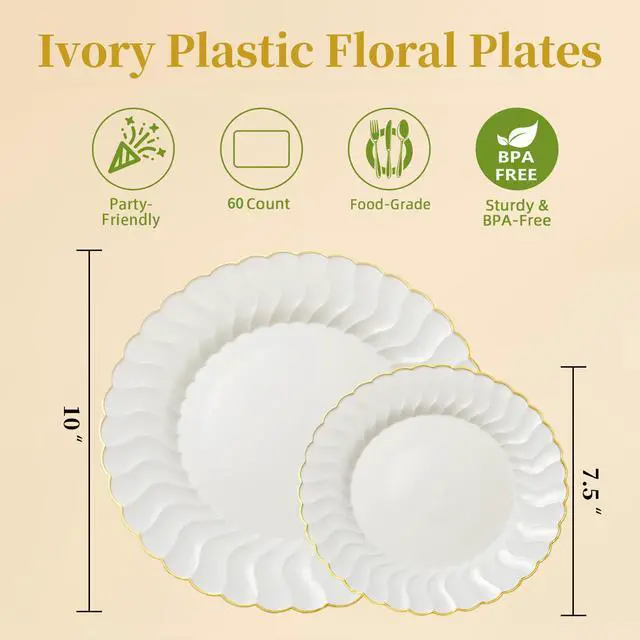 Alt view image 2 of 6 - 60PCS Ivory Scalloped Plastic Plates with Gold Rim, Disposable Elegant Plates Include 30pcs Dinner Plate 10.25", 30pcs Plastic Dessert Plate 7.5", Perfect for Wedding and Party