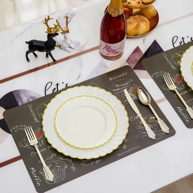 Alt view image 3 of 6 - 60PCS Ivory Scalloped Plastic Plates with Gold Rim, Disposable Elegant Plates Include 30pcs Dinner Plate 10.25", 30pcs Plastic Dessert Plate 7.5", Perfect for Wedding and Party