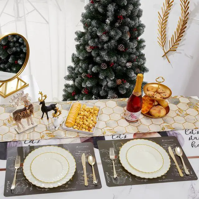 Alt view image 5 of 6 - 60PCS Ivory Scalloped Plastic Plates with Gold Rim, Disposable Elegant Plates Include 30pcs Dinner Plate 10.25", 30pcs Plastic Dessert Plate 7.5", Perfect for Wedding and Party
