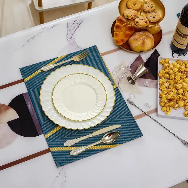 Alt view image 6 of 6 - 60PCS Ivory Scalloped Plastic Plates with Gold Rim, Disposable Elegant Plates Include 30pcs Dinner Plate 10.25", 30pcs Plastic Dessert Plate 7.5", Perfect for Wedding and Party