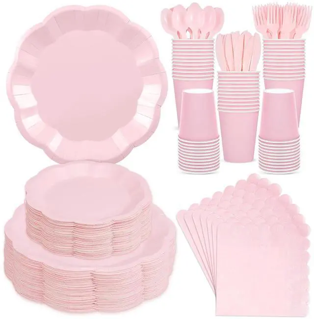 Main image of 350 Pcs Pink Paper Plates and Napkins Set Include 9" Dinner Plates, 7" Dessert Plate Disposable Scalloped Tableware Serve 50 Guest for Wedding Baby Bridal Shower Birthday