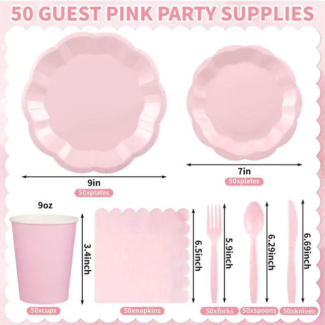 Alt view image 2 of 7 - 350 Pcs Pink Paper Plates and Napkins Set Include 9" Dinner Plates, 7" Dessert Plate Disposable Scalloped Tableware Serve 50 Guest for Wedding Baby Bridal Shower Birthday